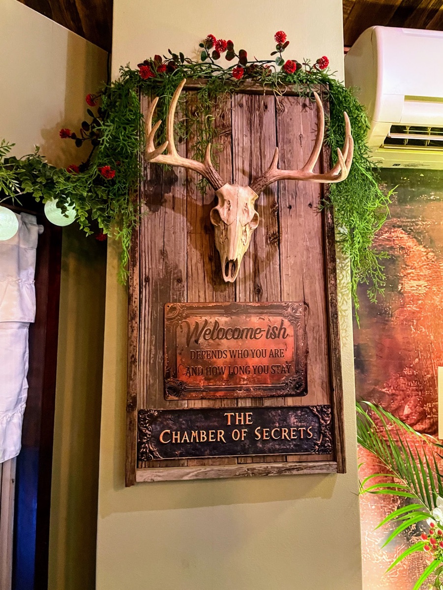 鹿の角と緑で飾られた THE CHAMBER OF SECRETS の看板